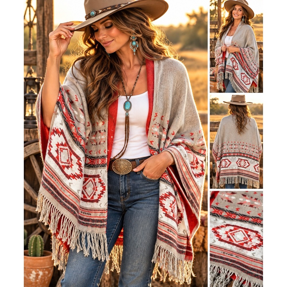 American Eagle Southwestern Fringe Poncho Wrap Red Grey Geometric OS 760591608